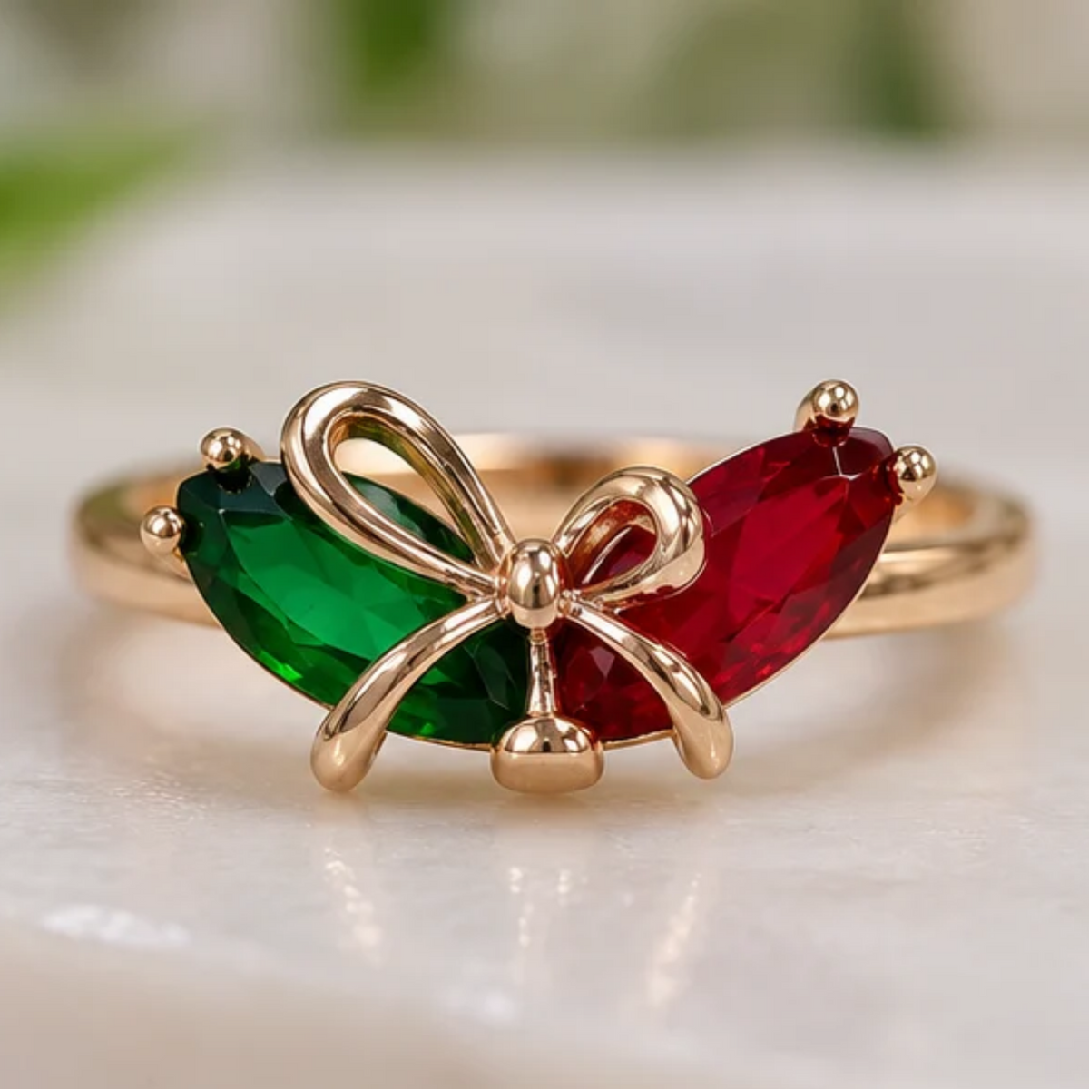 Rose Gold Plated Red & Green Stone Bow Ring