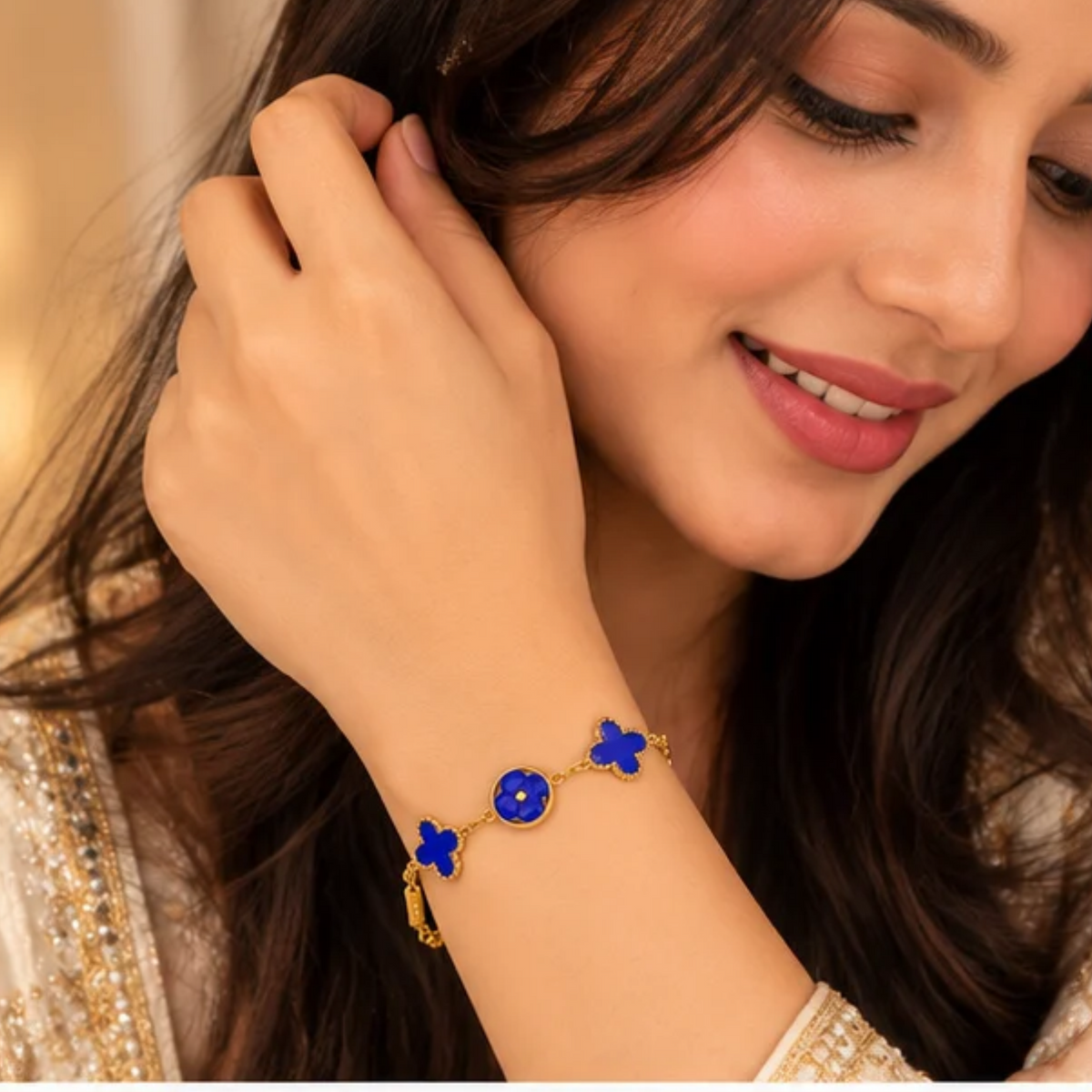 Royal Blue Clover Charm Gold Plated Bracelet for Women