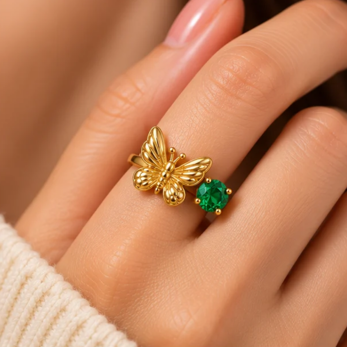 18K Gold Plated Butterfly & Solitaire Stone Adjustable Ring