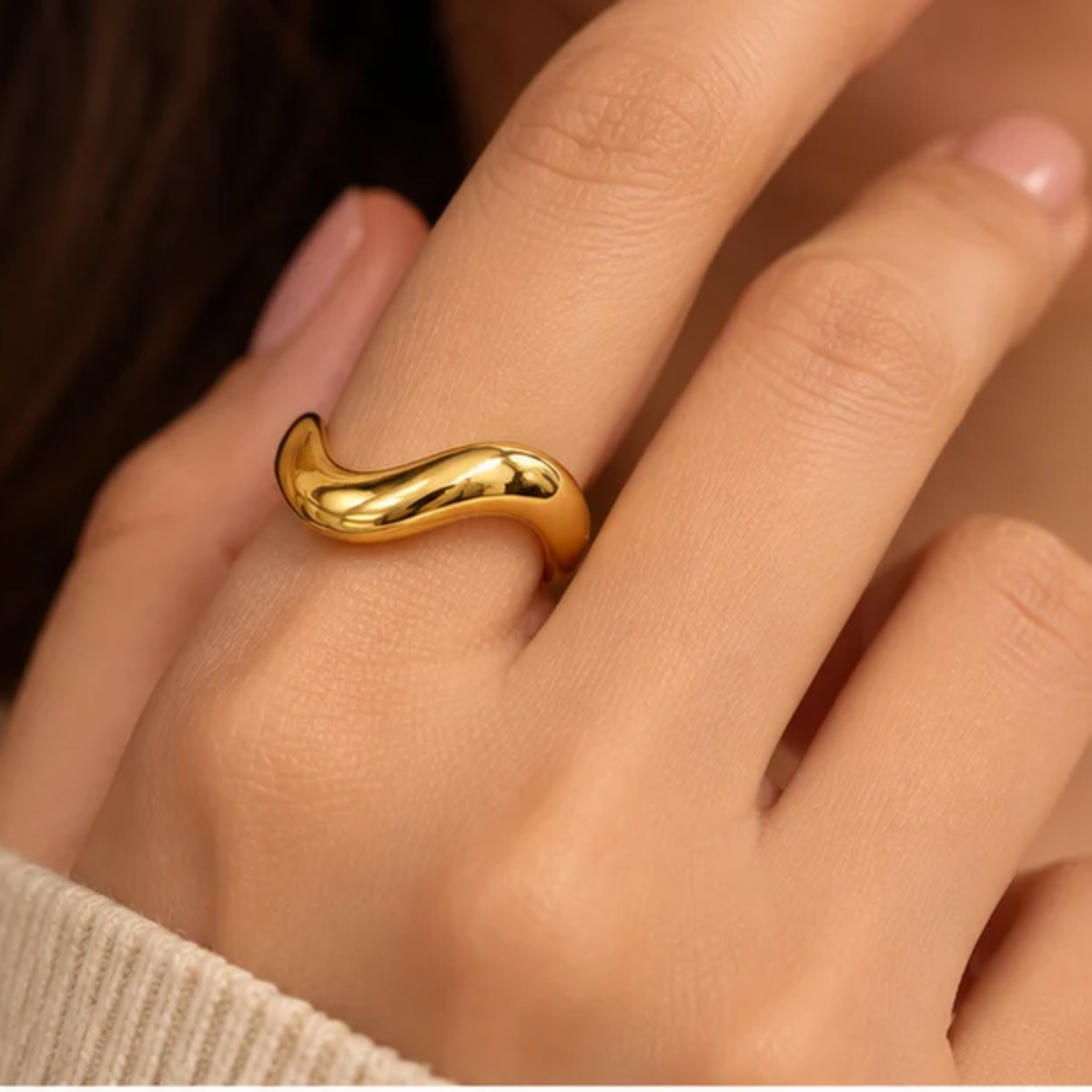 18K Gold Plated Sculpted Wave Statement Ring