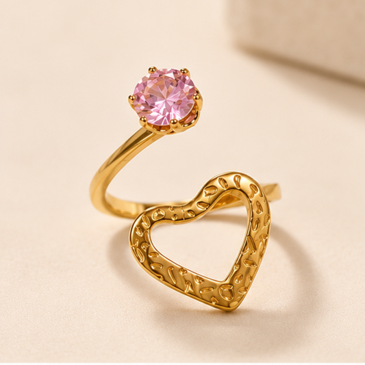 18K Gold Plated Solitaire Stone & Textured Heart Gold Adjustable Ring