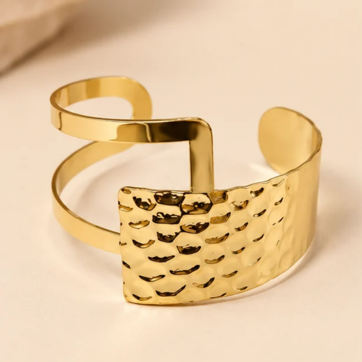 Golden Hammered Texture Statement Adjustable Cuff Bracelet