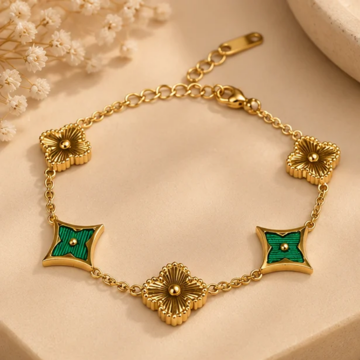 Emerald Green Clover Charm Gold Plated Bracelet for Women