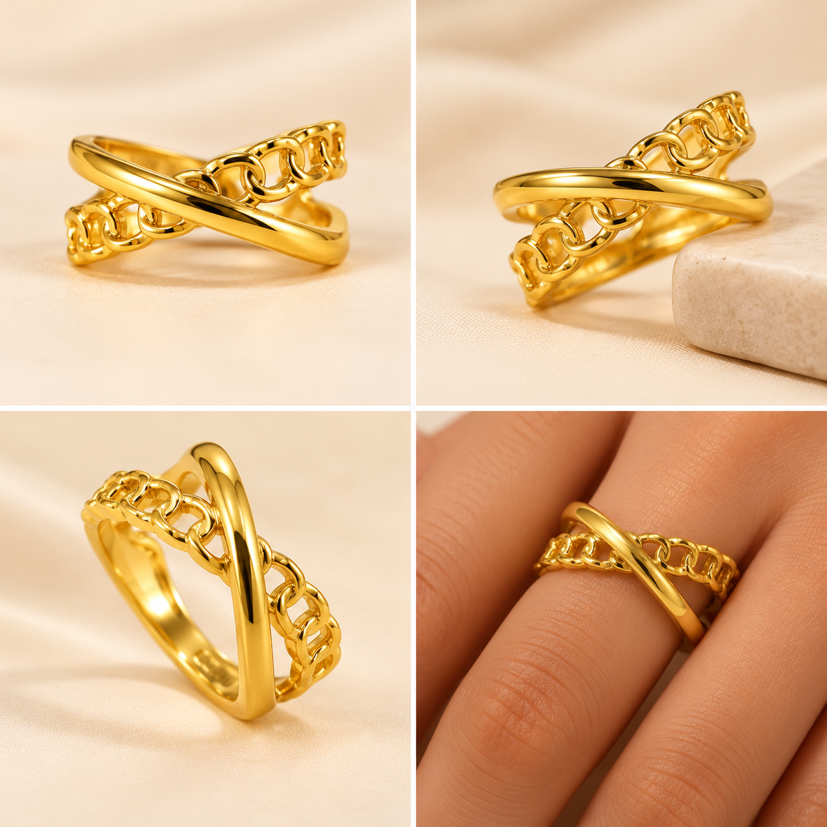 18K Gold Plated Interlocking Chain Criss-Cross Ring