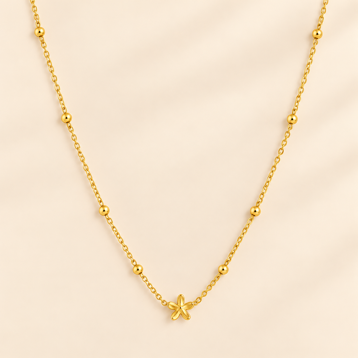 18K Gold Plated Dainty Floral Charm Beaded Chain Necklace
