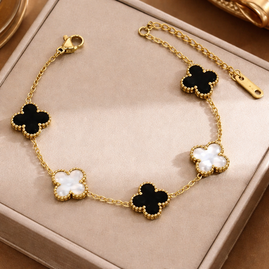 18K Gold Plated Black & White Clover Charm Bracelet