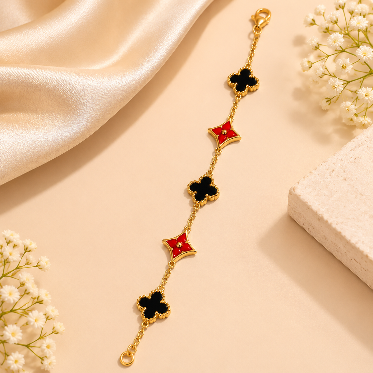 18K Gold Plated Black Clover & Red Floral Charm Bracelet