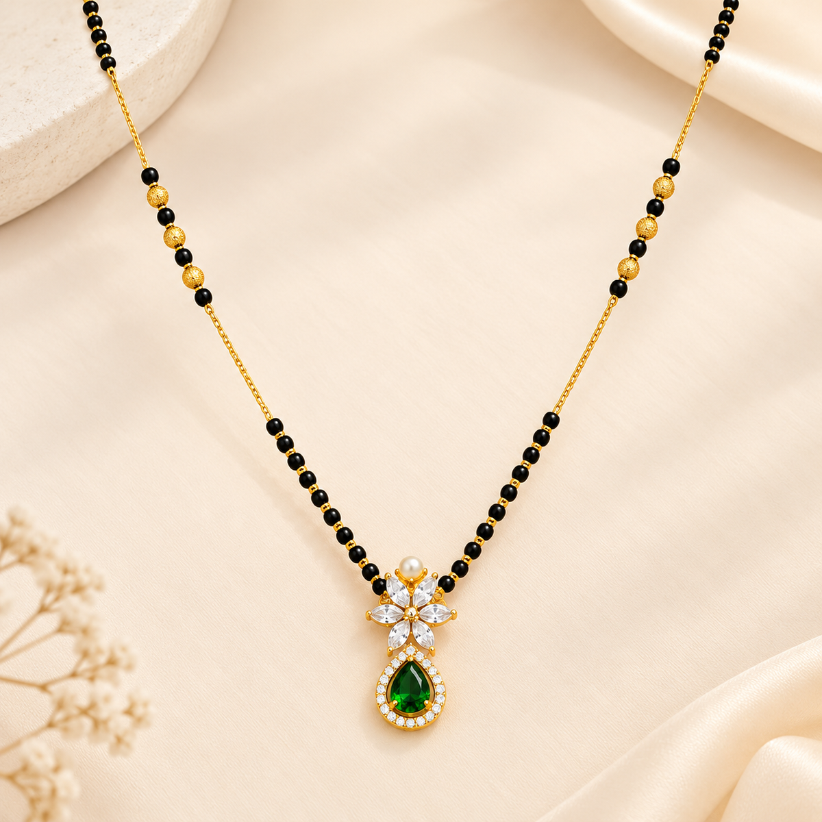 Elegant Gold-Plated Green Emerald Floral Pendant Mangalsutra