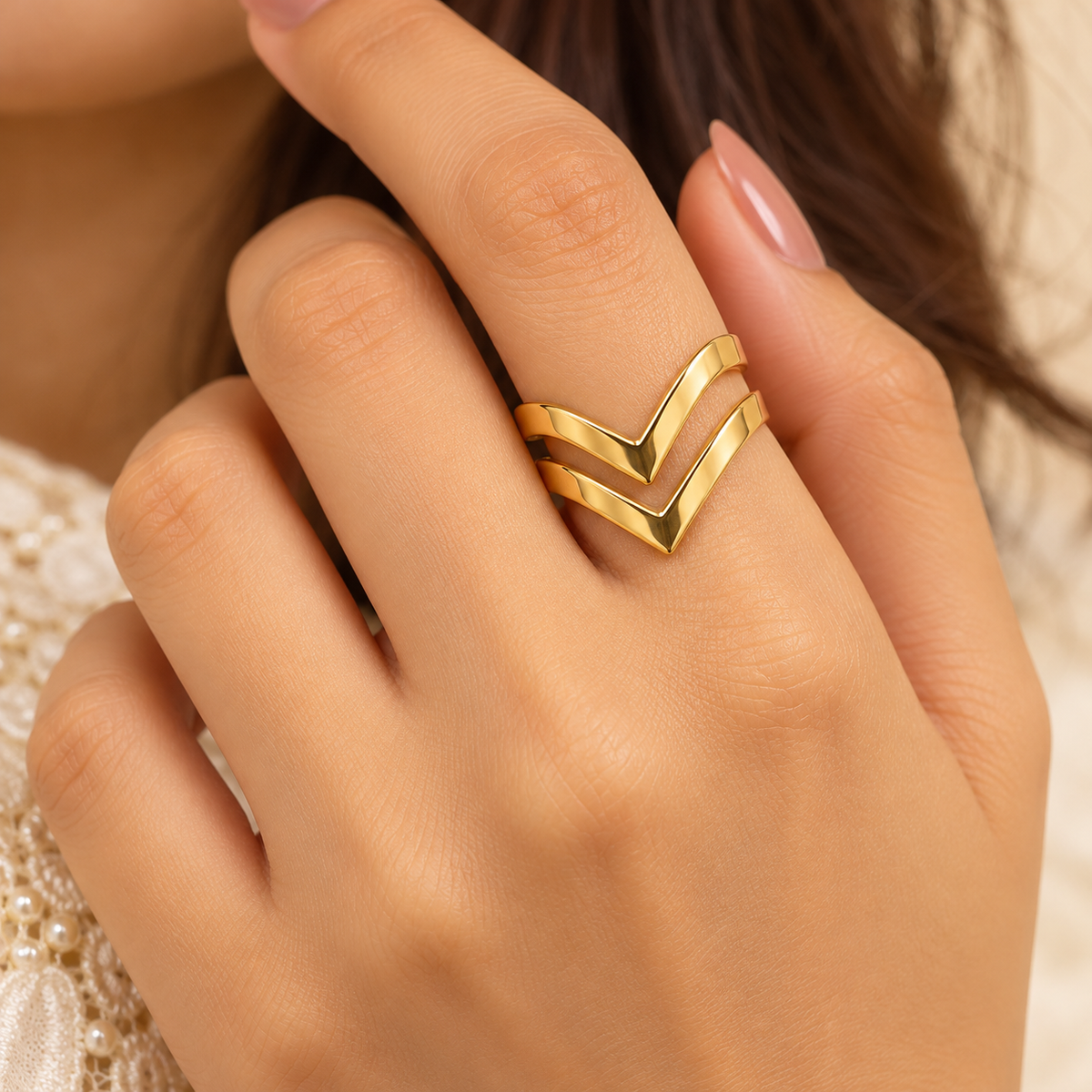 18K Gold Plated Double V Chevron Ring
