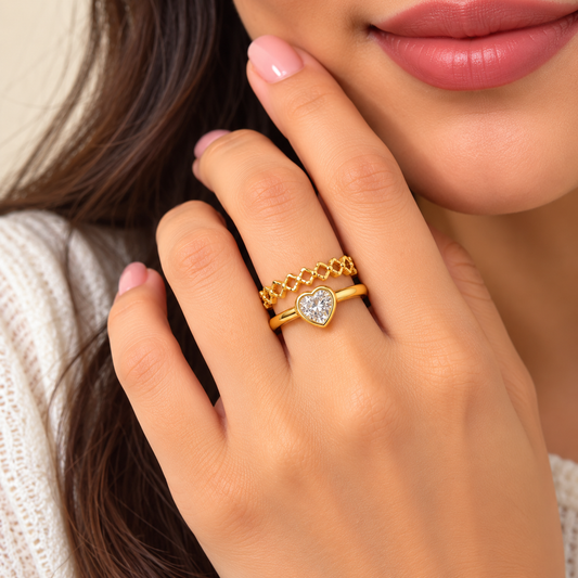 18k Gold Plated Heart Sparkle Double Band Ring