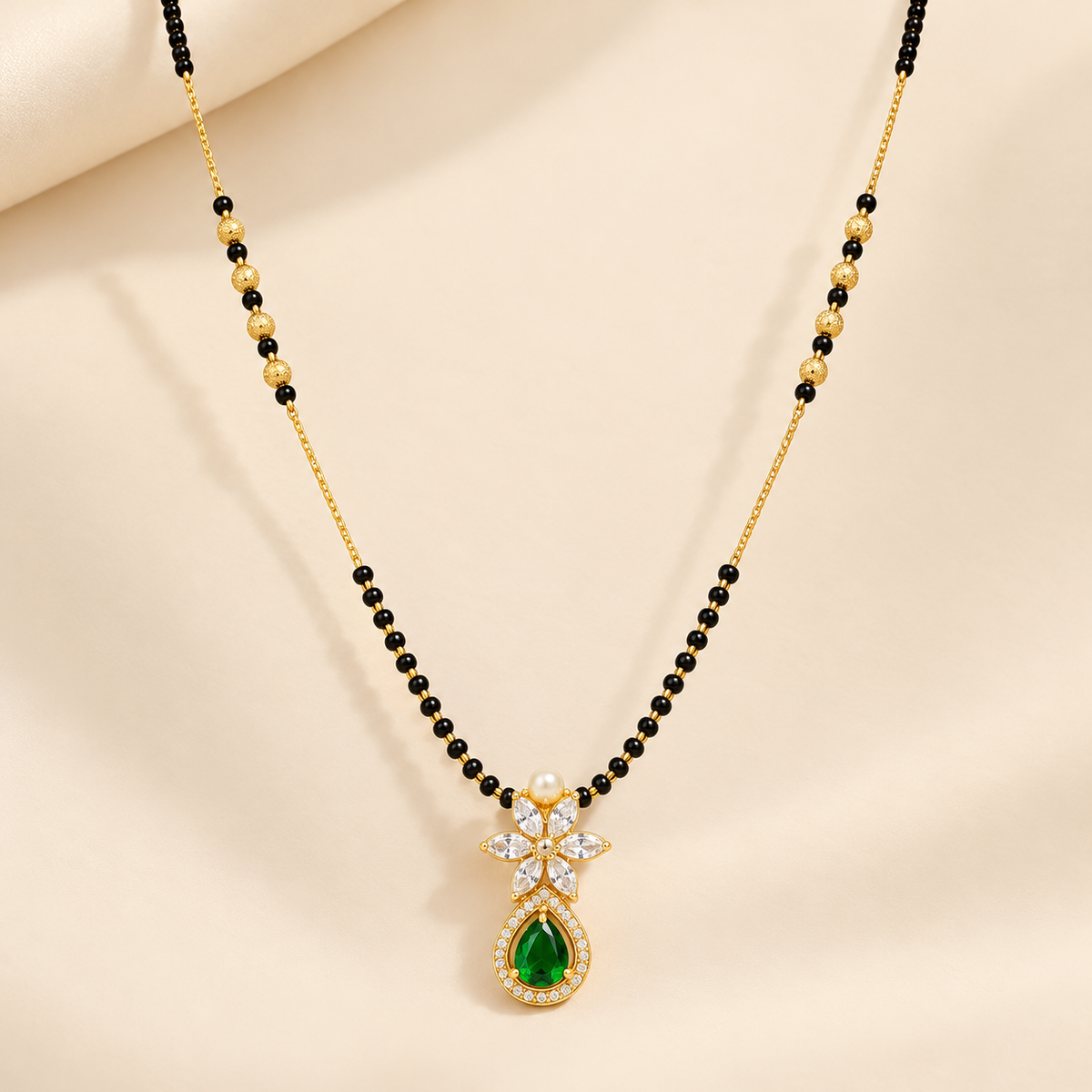 Elegant Gold-Plated Green Emerald Floral Pendant Mangalsutra