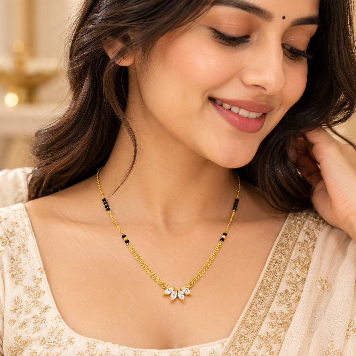 Elegant Gold-Plated Floral Diamond Mangalsutra
