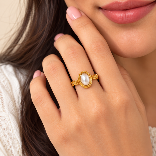18k Gold Plated Vintage Pearl Halo Ring