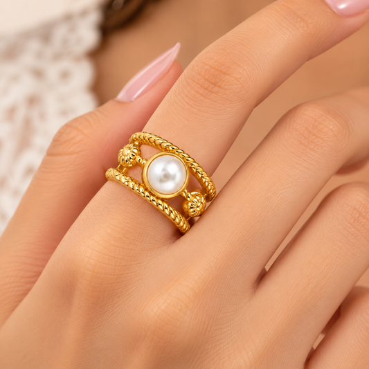 18k Gold Plated Royal Pearl Rope Ring