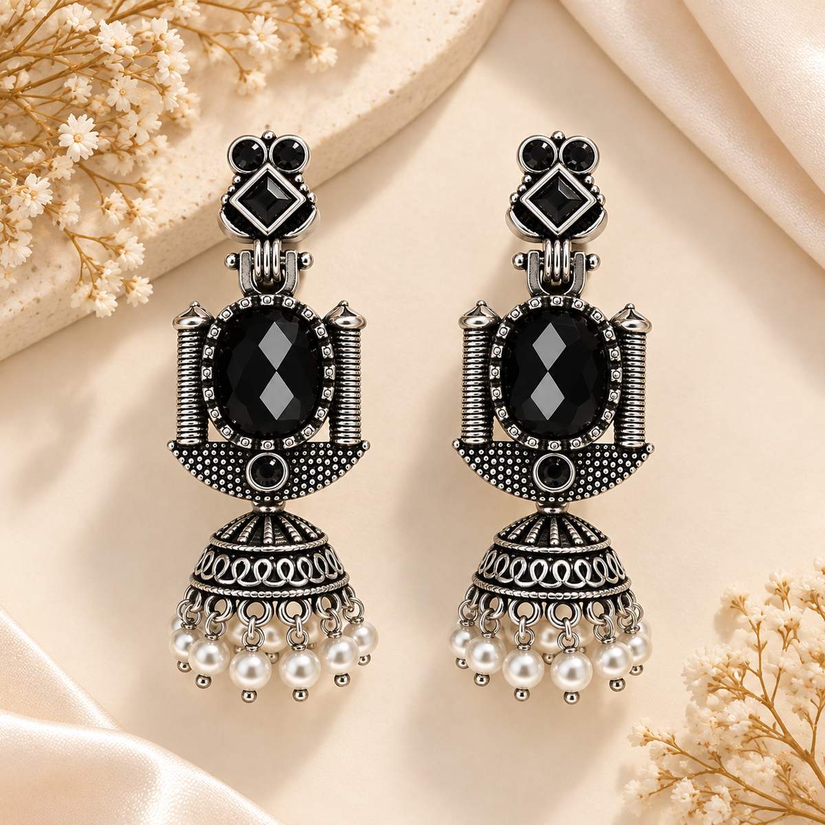 Oxidised Silver Traditional Jhumka Earrings