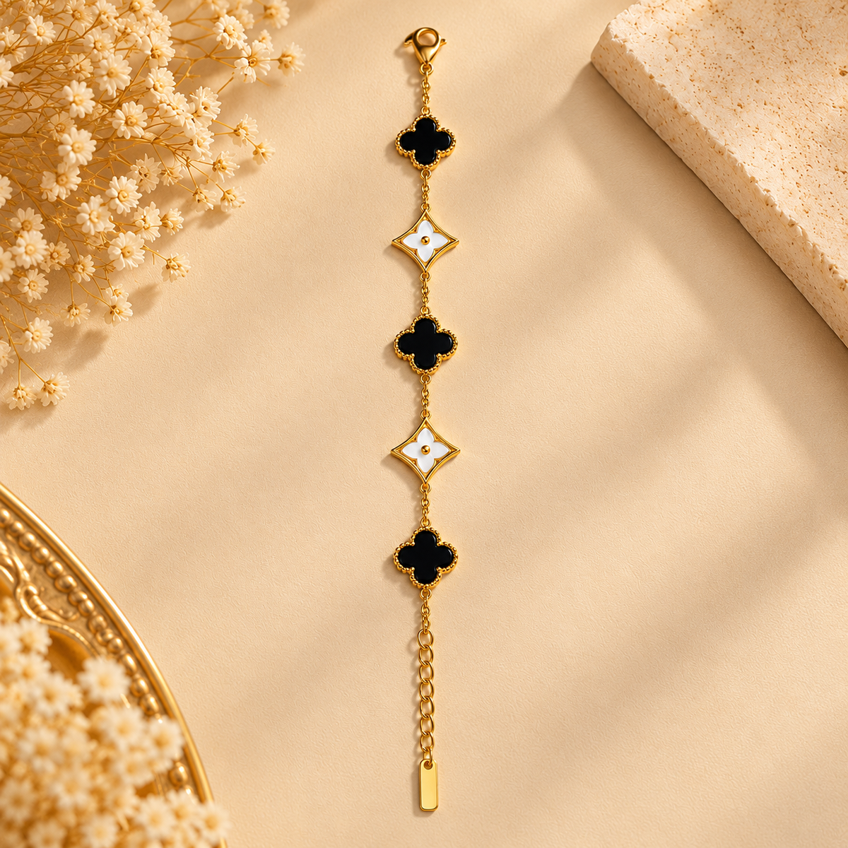Black & White Clover Charm Gold Plated Bracelet for Women