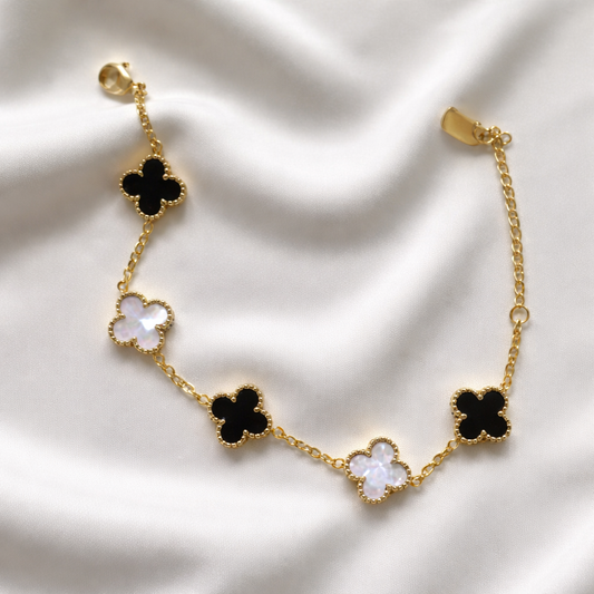 18K Gold Plated Black & White Clover Charm Bracelet