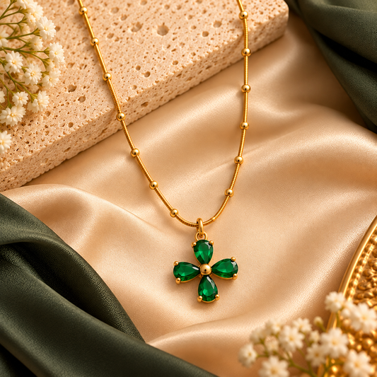 18K Gold Plated Emerald Green Four Leaf Clover Pendant Necklace
