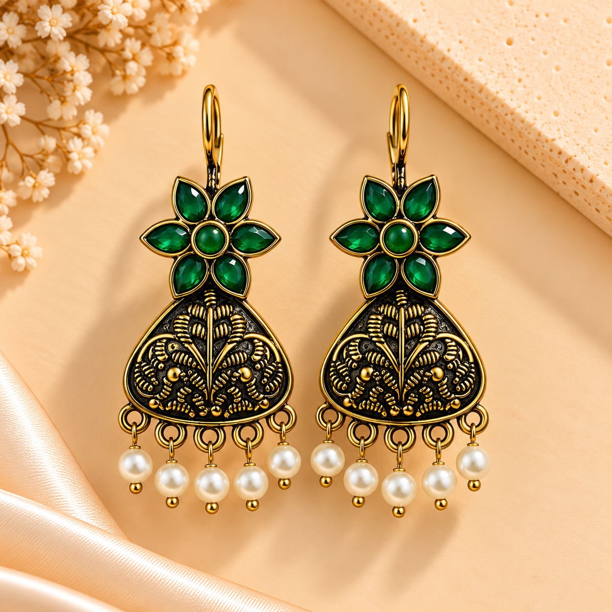 Oxidised Pastel Bloom Pearl Jhumka