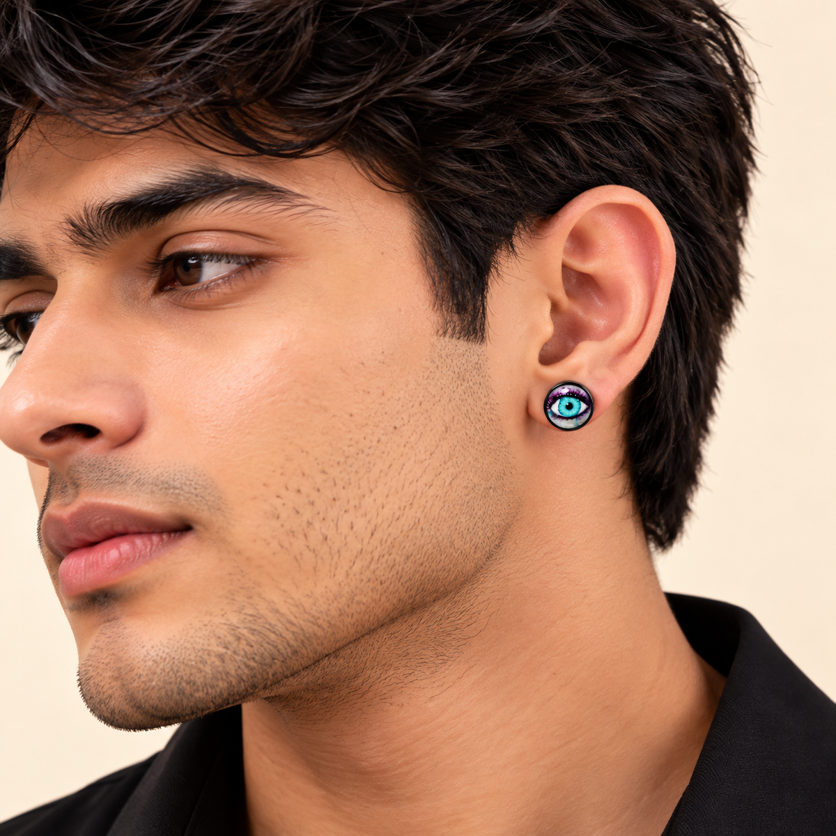 Men - Evil Eye Black Stud Earring
