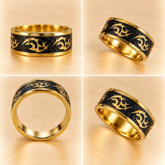 Men - Tribal Flame Black & Gold Ring