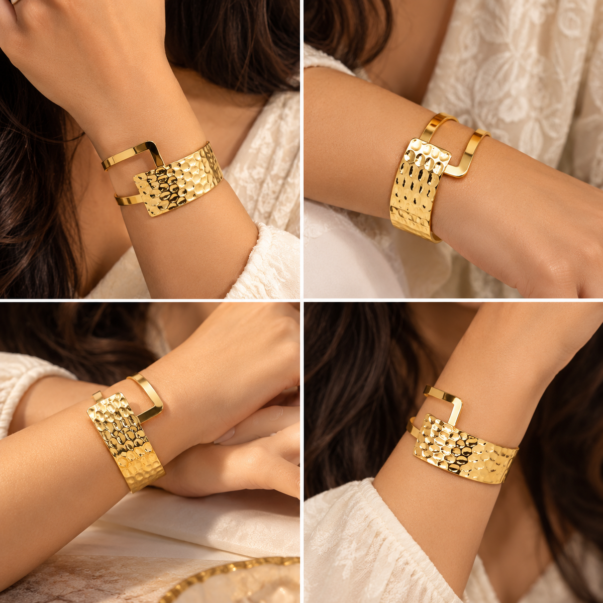 Golden Hammered Texture Statement Adjustable Cuff Bracelet
