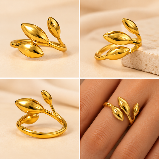 18K Gold Plated Triple Leaf Botanical Adjustable Ring