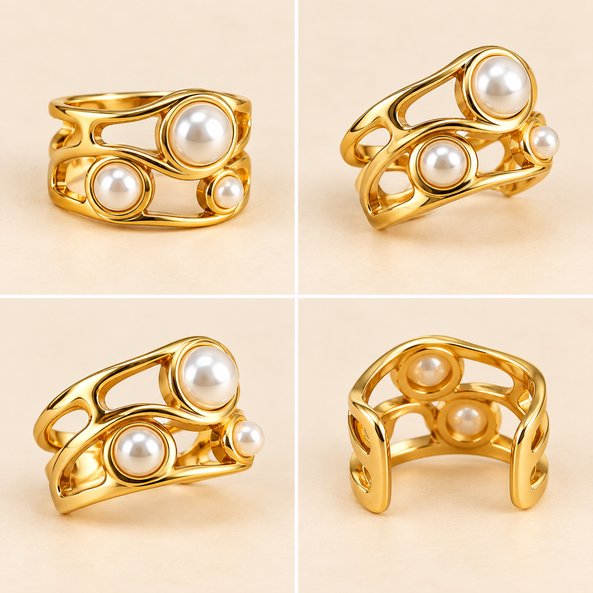 18k Gold Plated Triple Pearl Abstract Ring