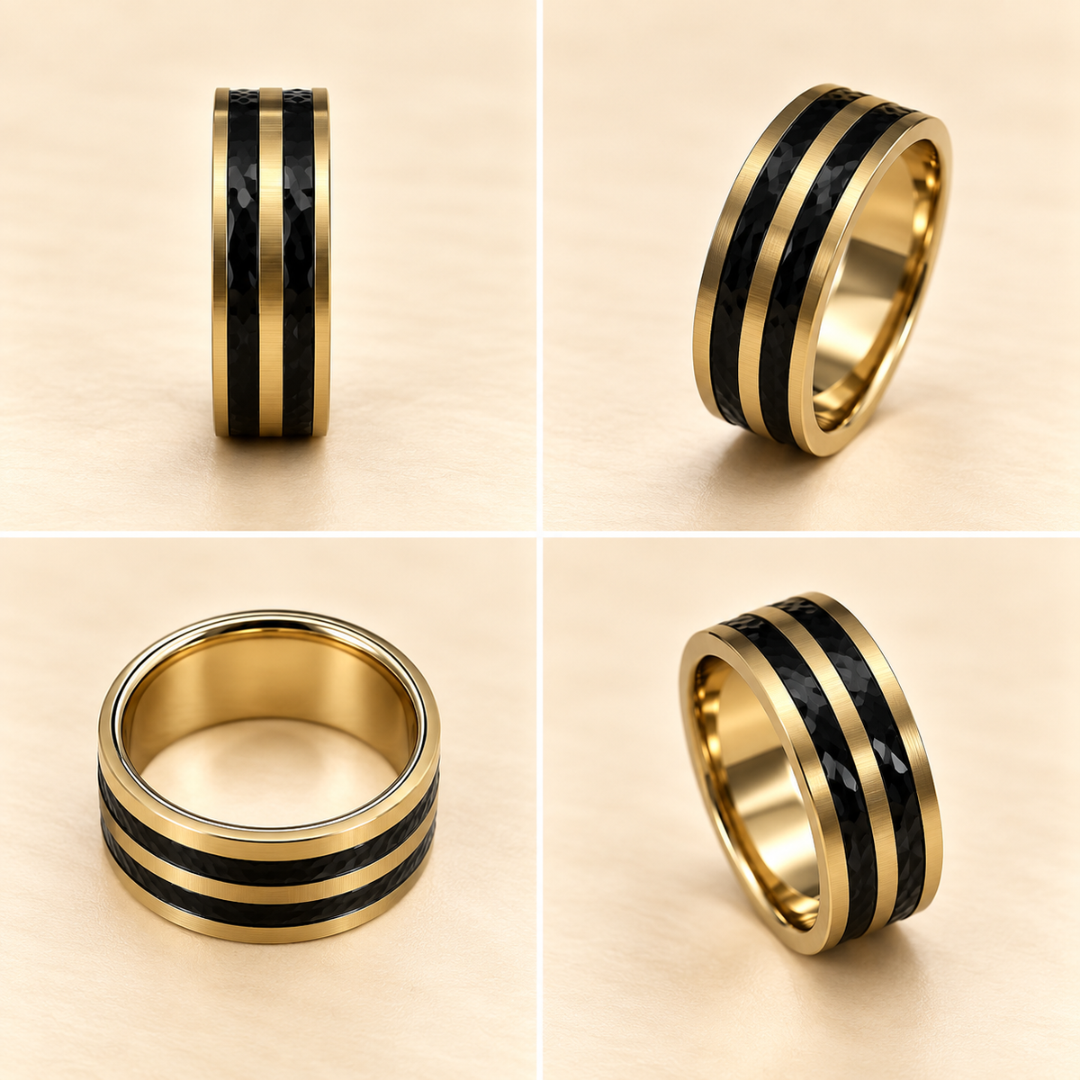 Men - Black Dual Stripe Gold Band Ring