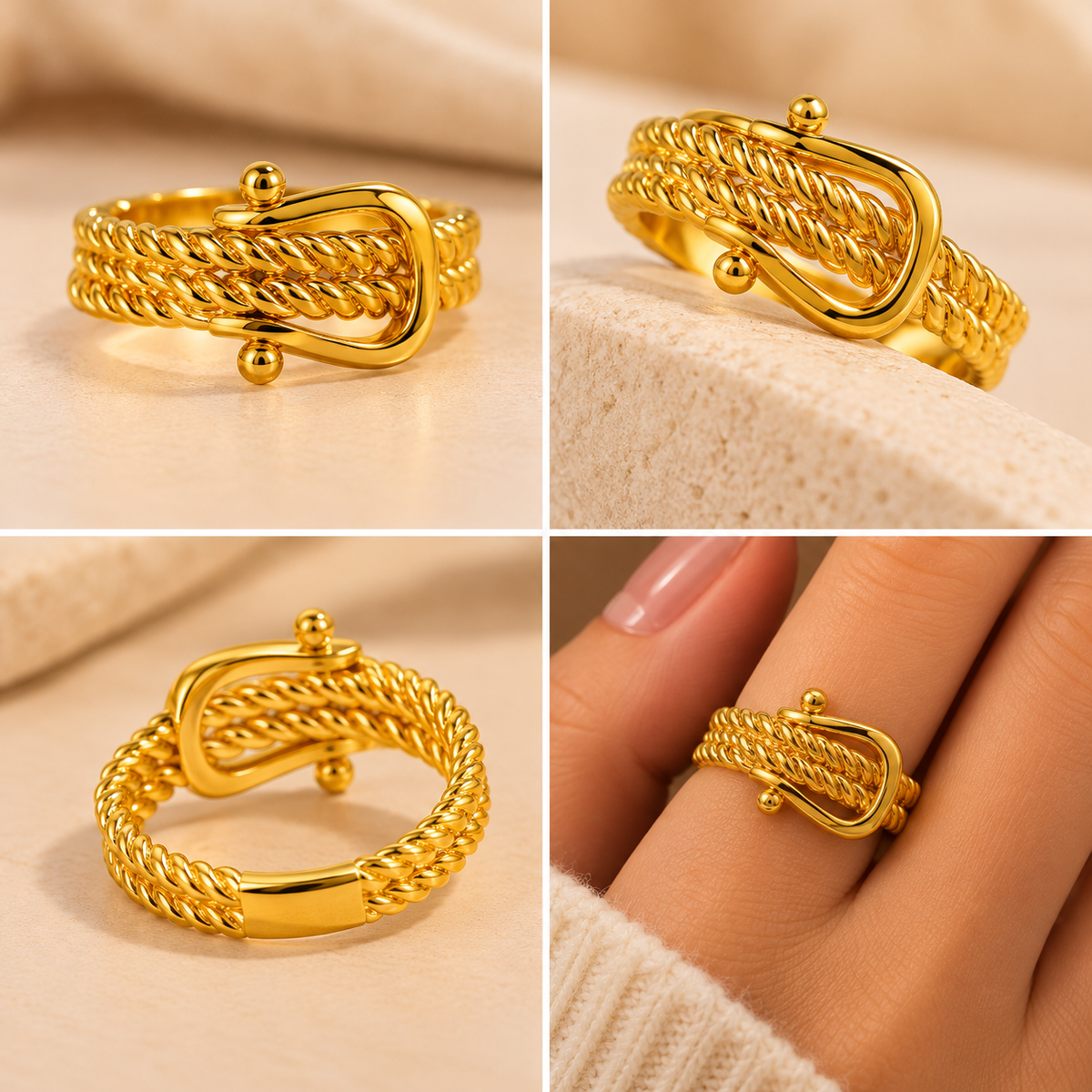 18K Gold Plated Textured Buckle Wrap Statement Ring