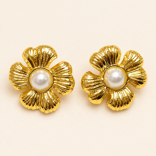 18k gold plated Anti Tarnish Chunky Flower Pearl Earring