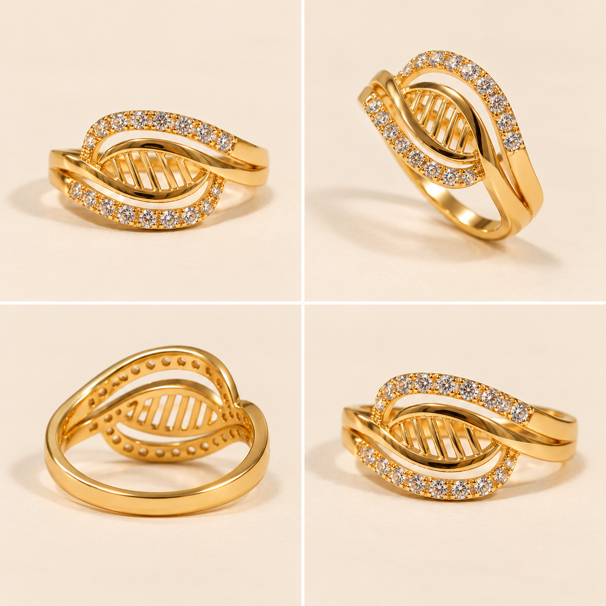18K Gold Plated Twisted Leaf Sparkle Ring