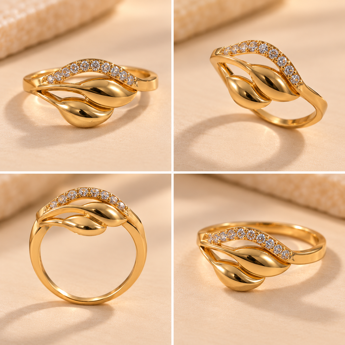 18K Gold Plated Leaf Wave Sparkle Ring for Women