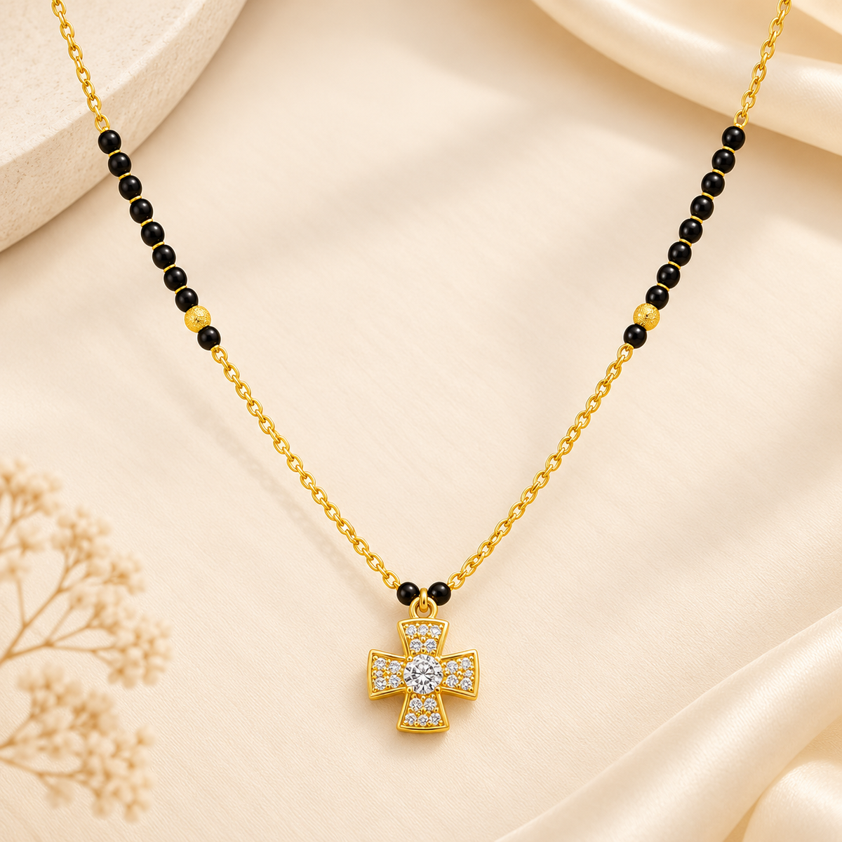 Elegant Gold-Plated Sparkling Cross Pendant Mangalsutra
