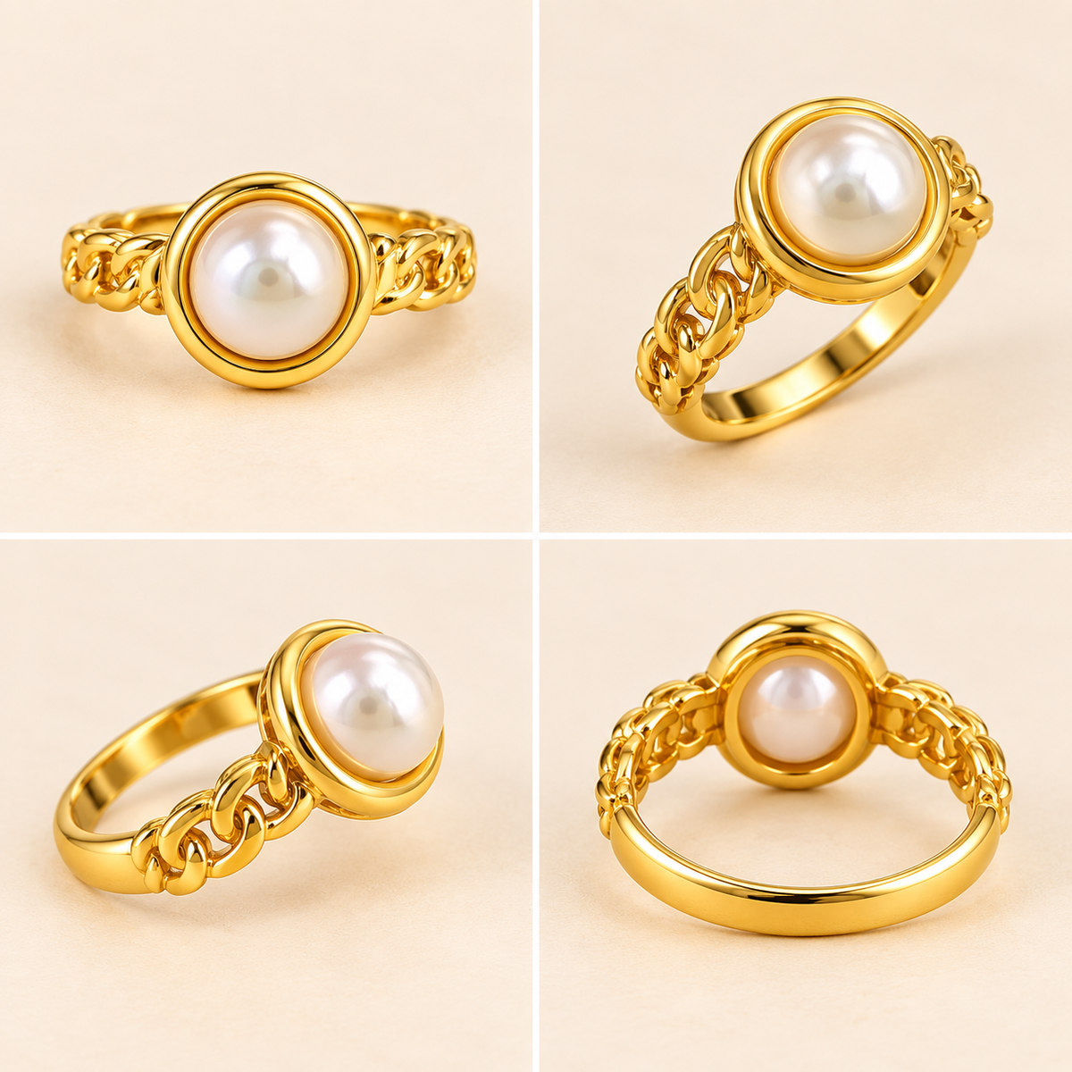 18k Gold Plated Classic Pearl Chain Ring