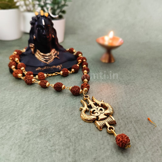 Gold Plated OM Trishul Rudraksha Necklace