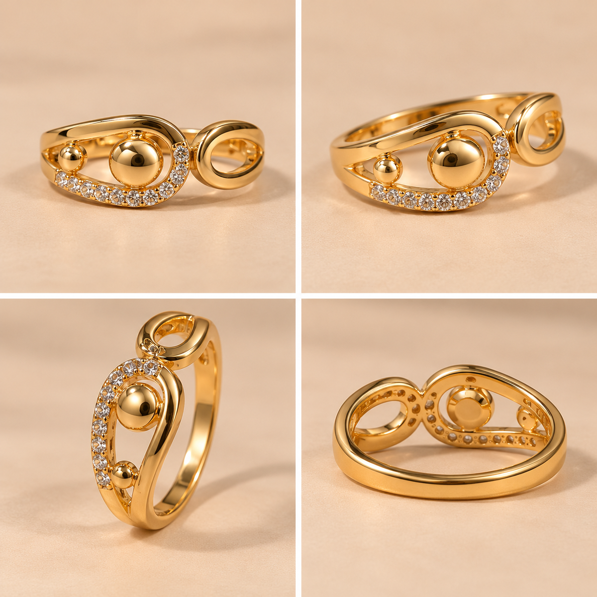 Elegant Swirl Bead Sparkle Gold Ring