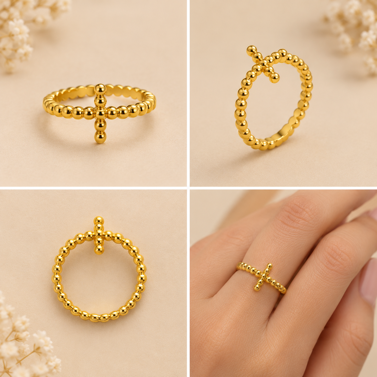 18K Gold Plated Beaded Cross Ring