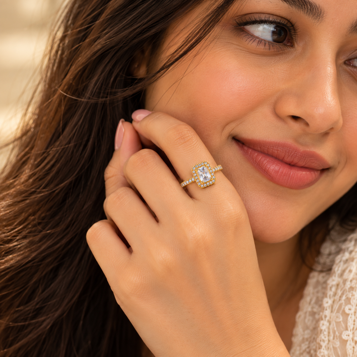 18K Gold Plated Emerald Cut Halo Sparkle Ring