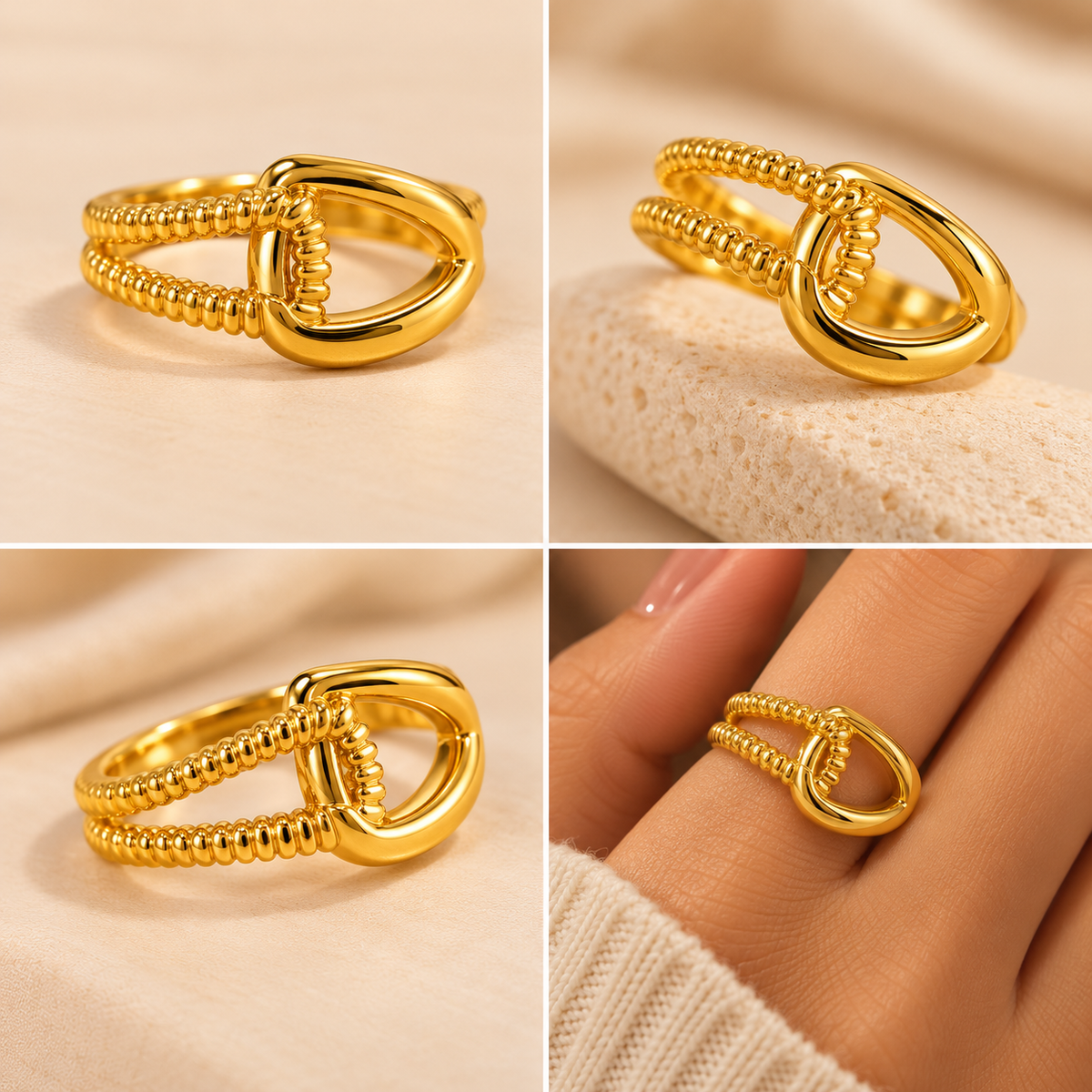 18K Gold Plated Textured Teardrop Openwork Statement Ring