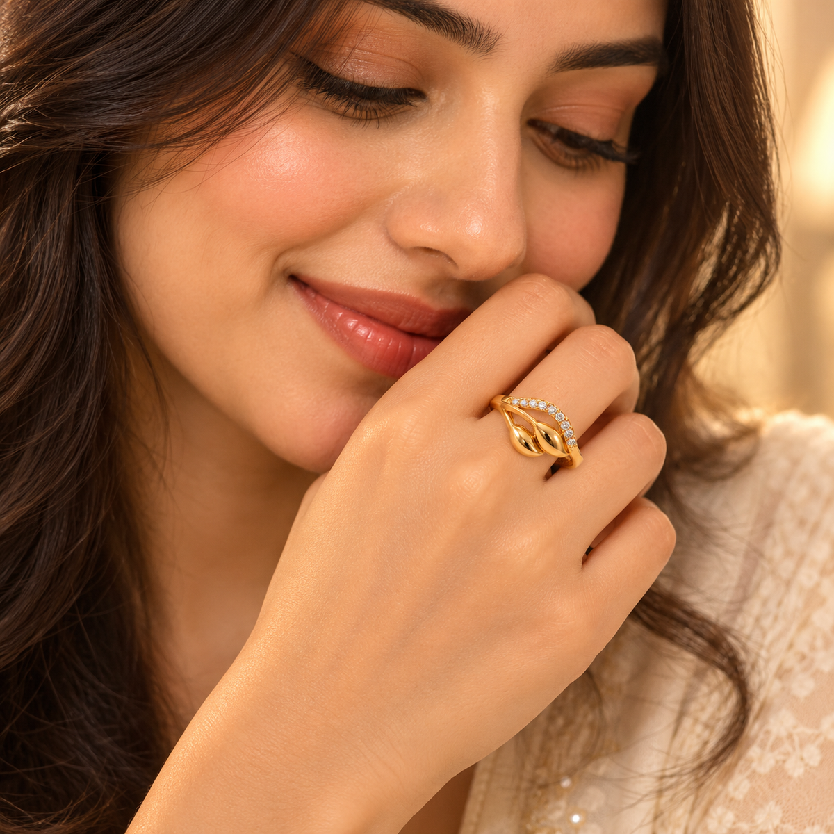 18K Gold Plated Leaf Wave Sparkle Ring for Women