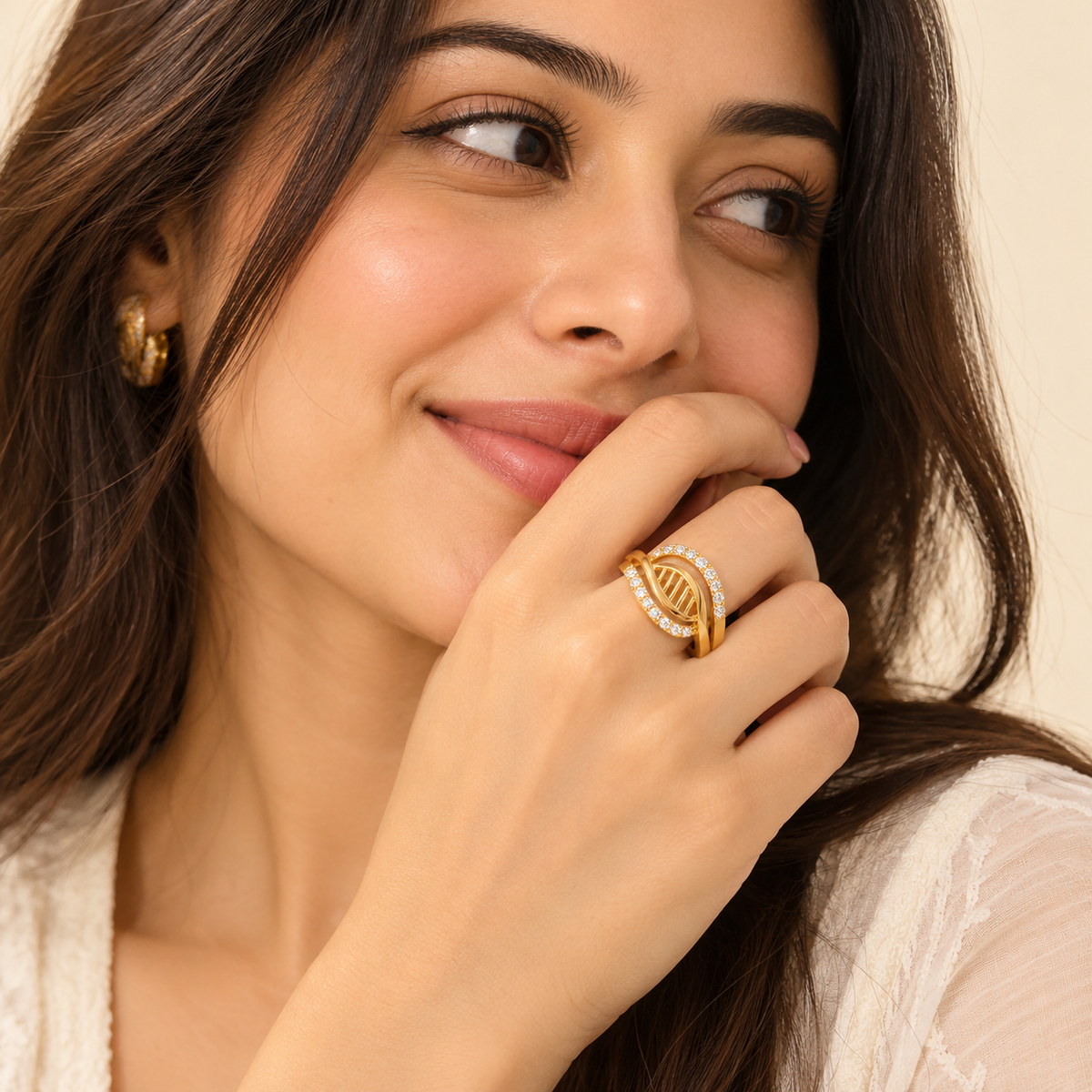 18K Gold Plated Twisted Leaf Sparkle Ring