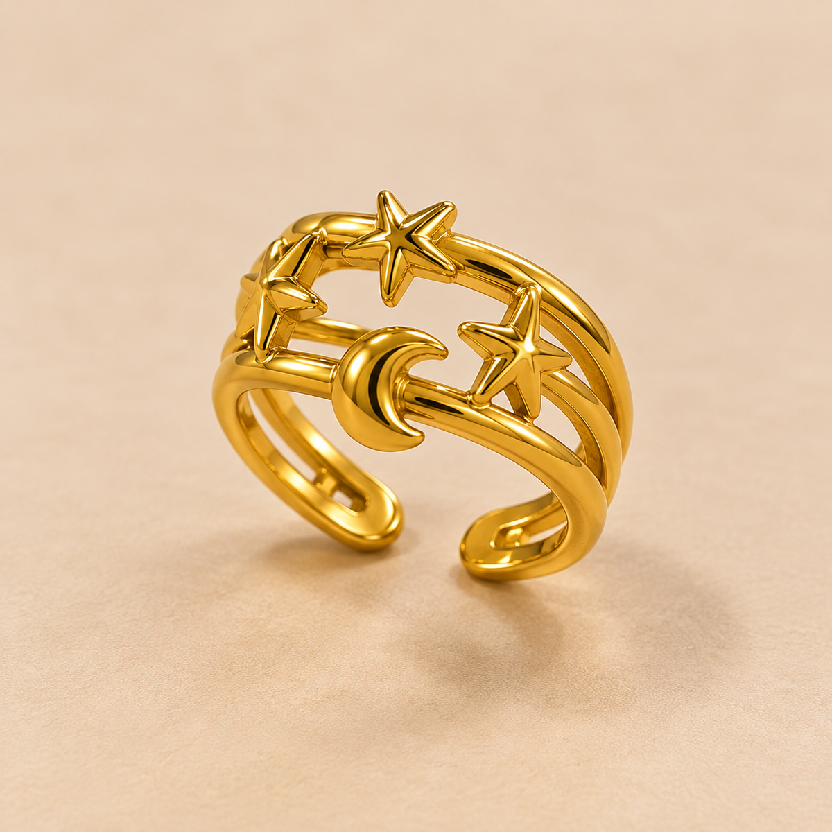 18K Gold Plated Moon & Stars Adjustable Statement Ring