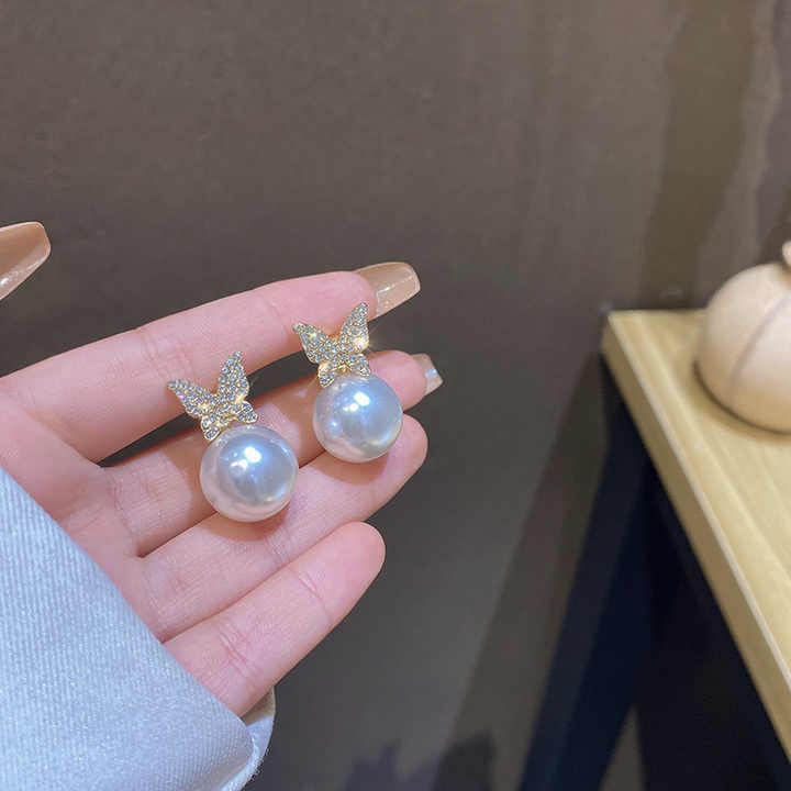 Butterfly Pearl Eardrop Stud  Earrings