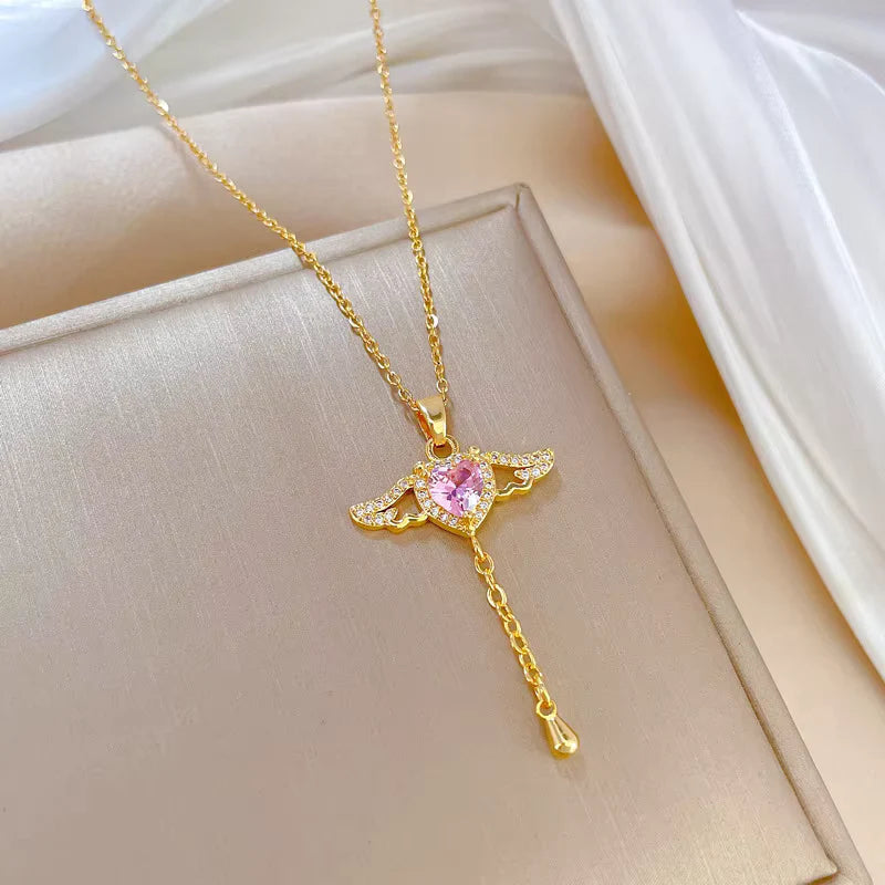 Wings of Love Anti Tarnish Pink Necklace (Rose Gold)