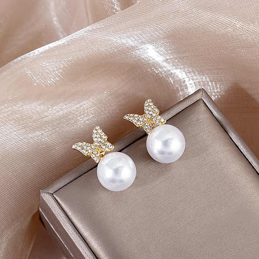 Butterfly Pearl Eardrop Stud  Earrings