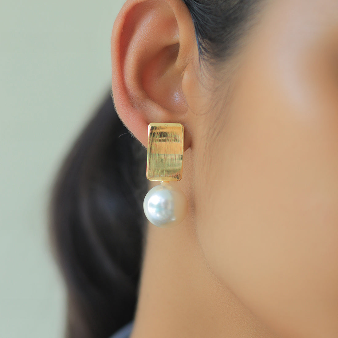 Gold Rectangular Pearl Stud Earring