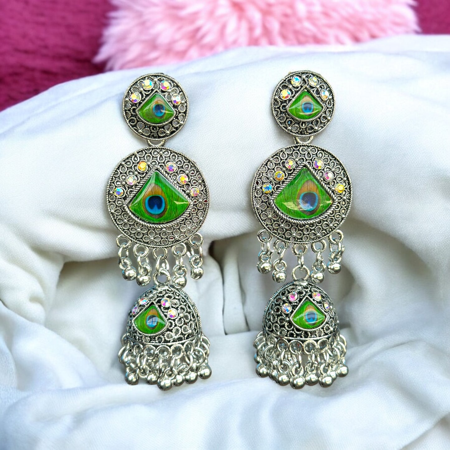 Silver Oxidised Green Peacock Jhumka Earrings