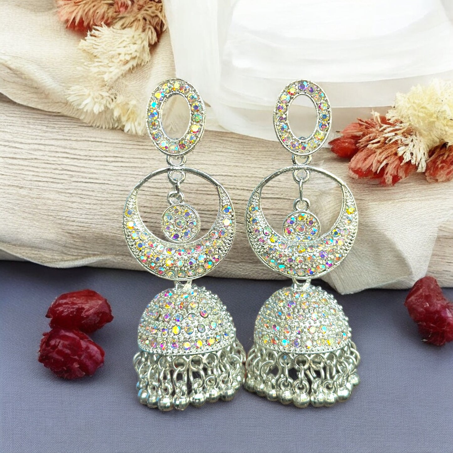 White Rainbow Long Jhumka Earrings