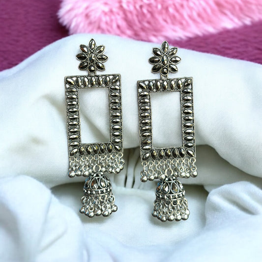 Silver Oxidised Square Stud Jhumka Earring